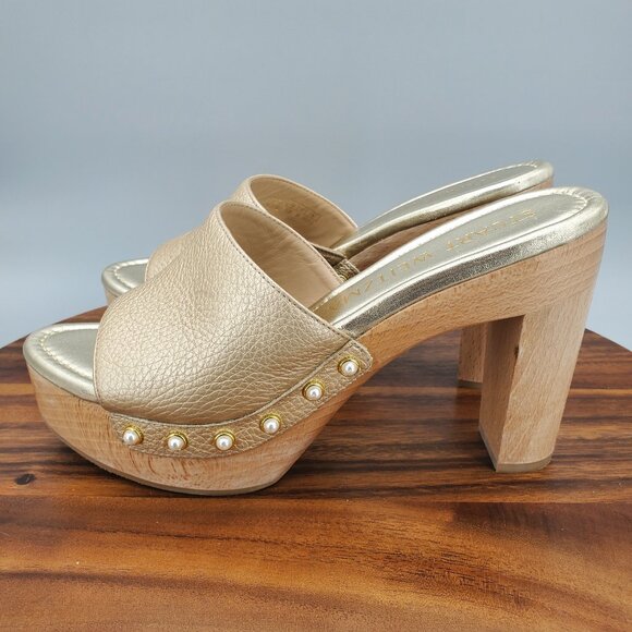 Stuart Weitzman Clog Sandals Women's 7.5 B Metallic Leather Faux Pearl Stud Heel - Picture 4 of 11